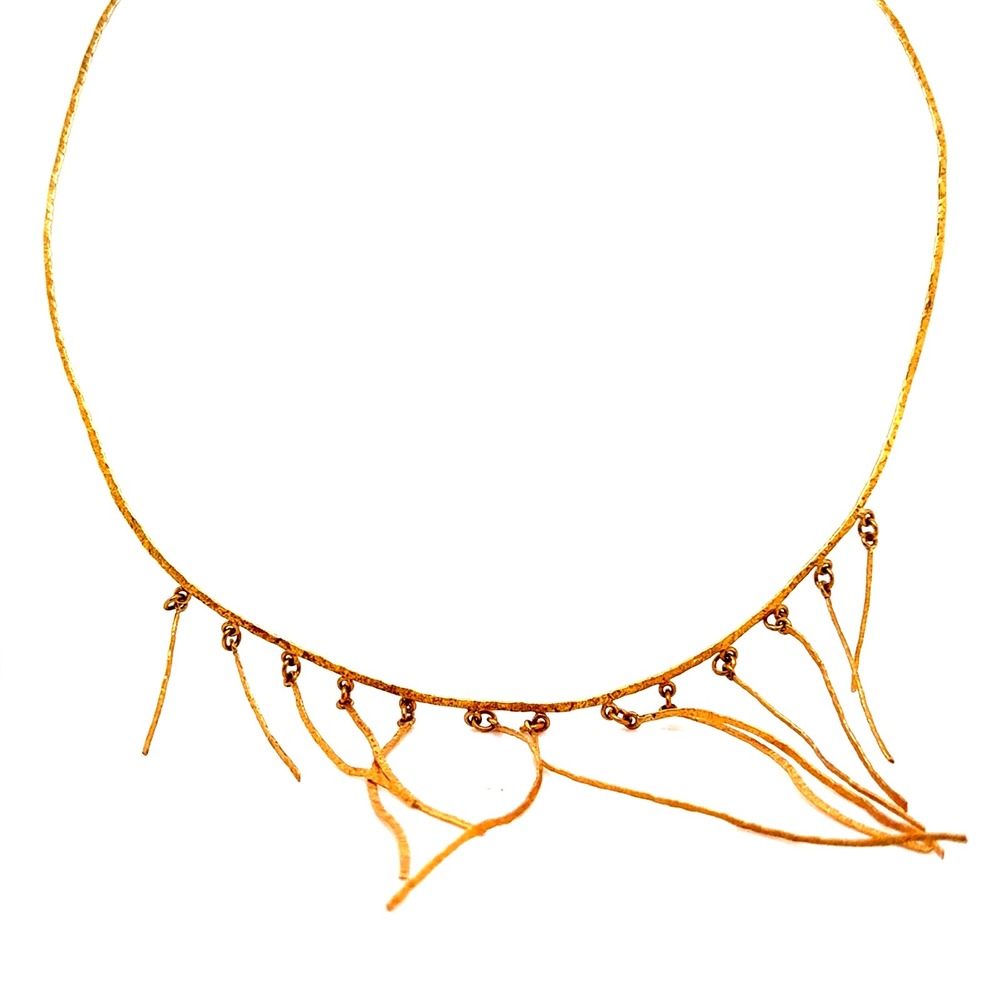 18k Yellow Gold Hammered Fringe Collar Necklace 15 Inch 10.2g Scuptural Organic